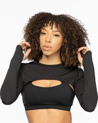 Round Collar Long Sleeve Crop Top - Lee's Treasure Chest