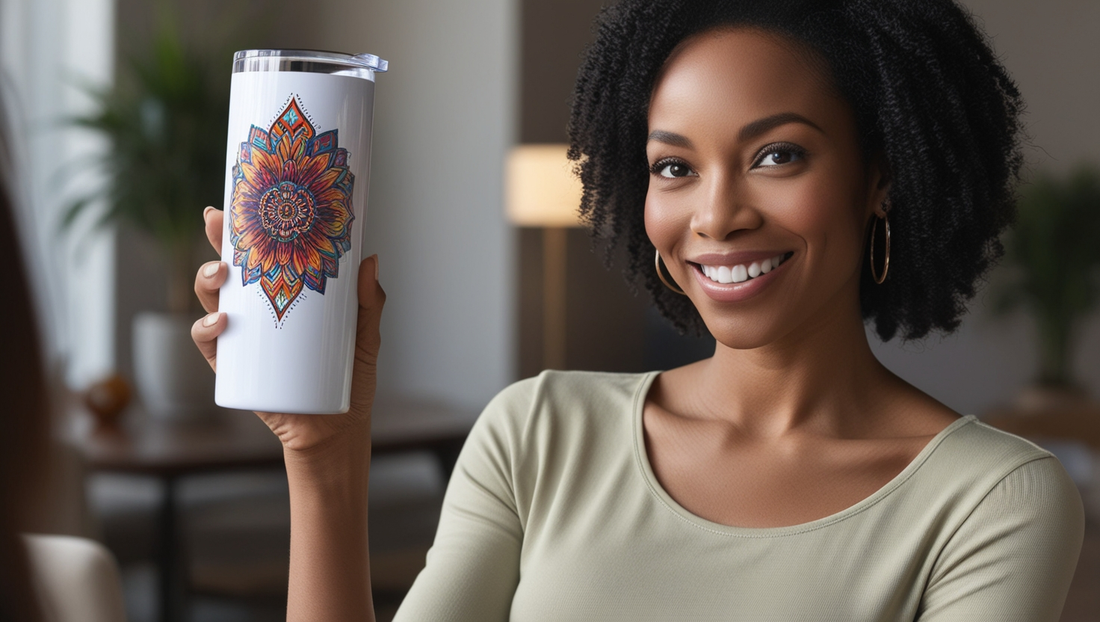 black women holding up a 20oz custom printed skinny tumbler